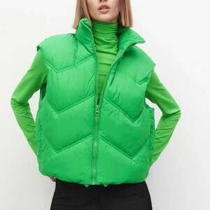 Zara Women's Green Sleeveless Quilted Puffer Zip Up High Neck Vest Jacket Size S